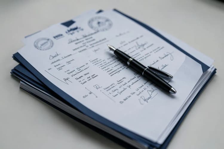 Uma pilha de documentos legais e papéis de escritura de um imóvel, com uma caneta tinteiro pousada sobre eles.