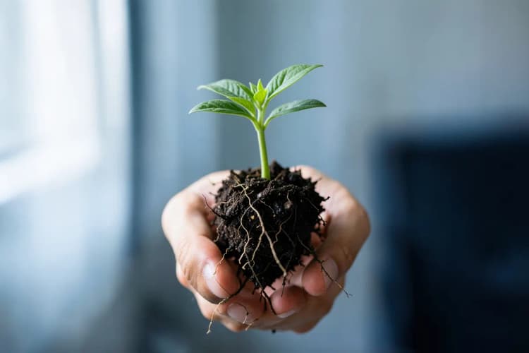 Uma mão segurando uma pequena planta que está brotando, com terra ao redor das raízes, simbolizando o início de um novo crescimento.